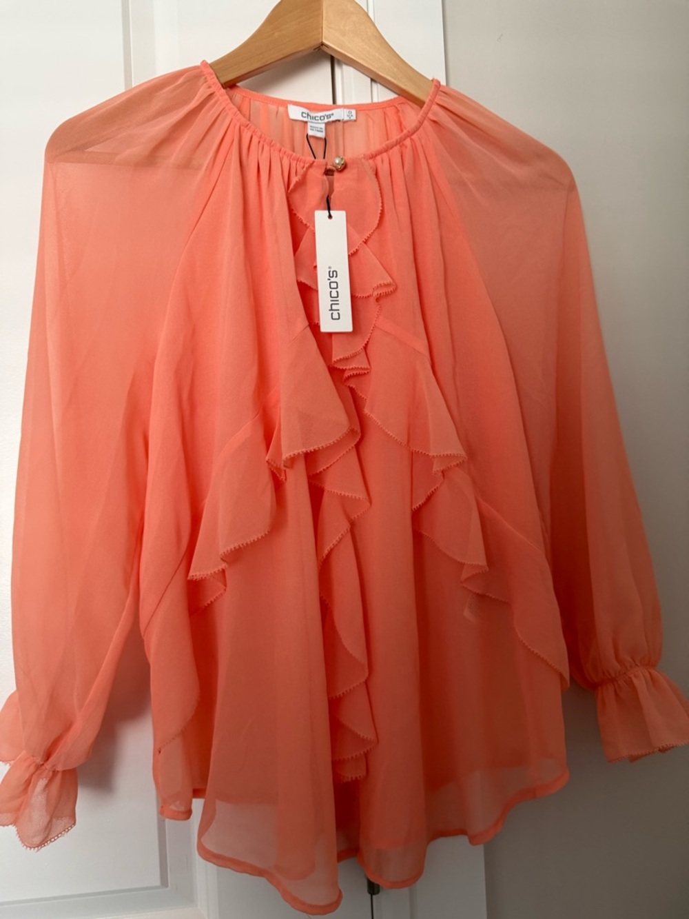 Chico's Coral Ruffle-Front Sheer Blouse size 0 equivalent size 4-6 or small